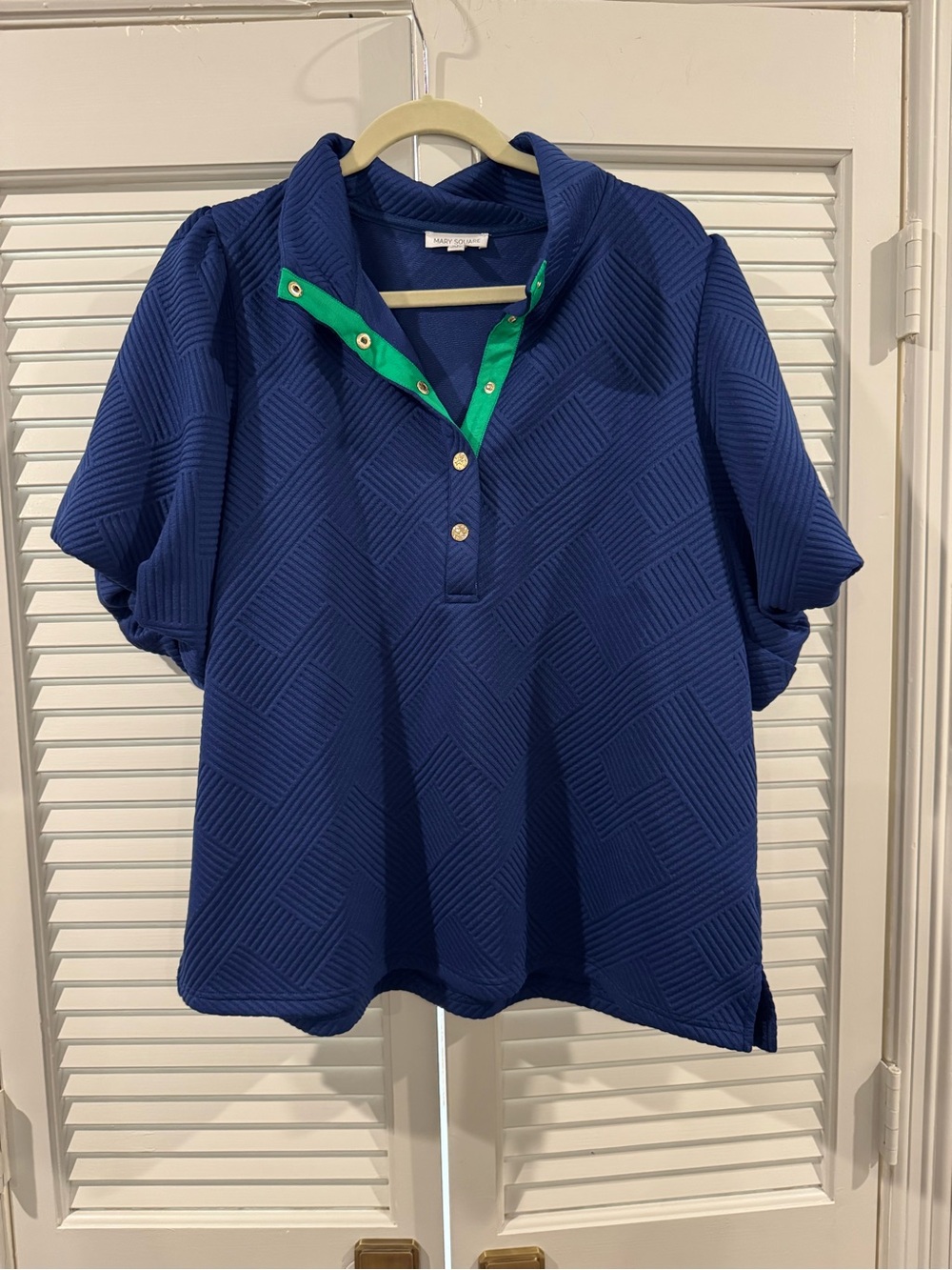 Mary Square Navy Textured Pullover with Green Trim